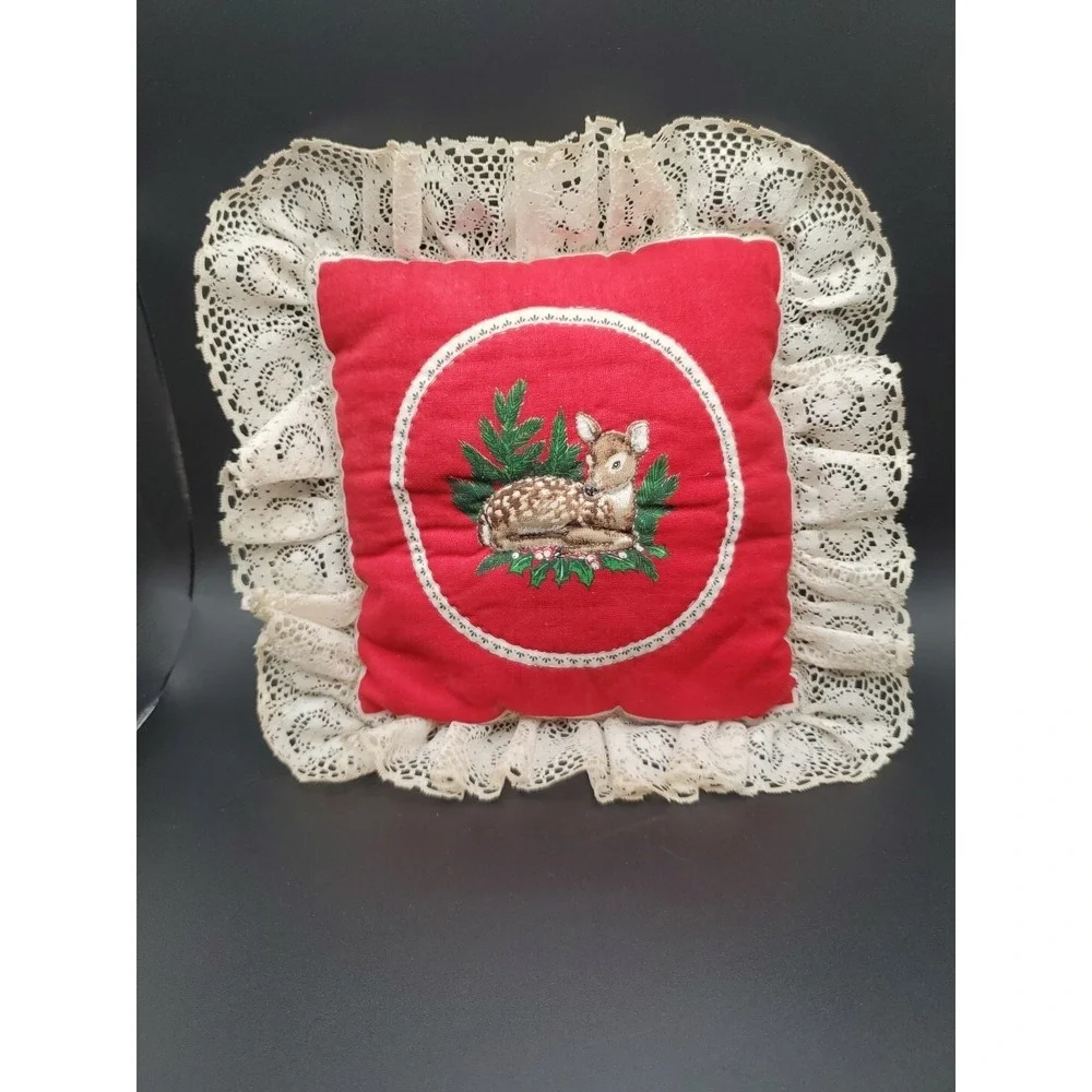 Small Square Decorative Pillow With Quilted‎ Baby Deer/Fawn Red And White